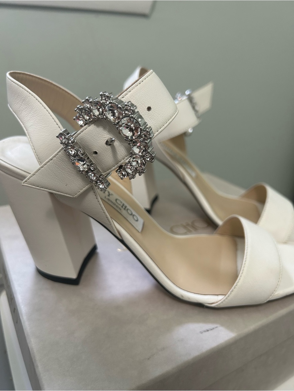 Jimmy Choo Elegant Ivory Block Heel Sandals with Crystal Buckle